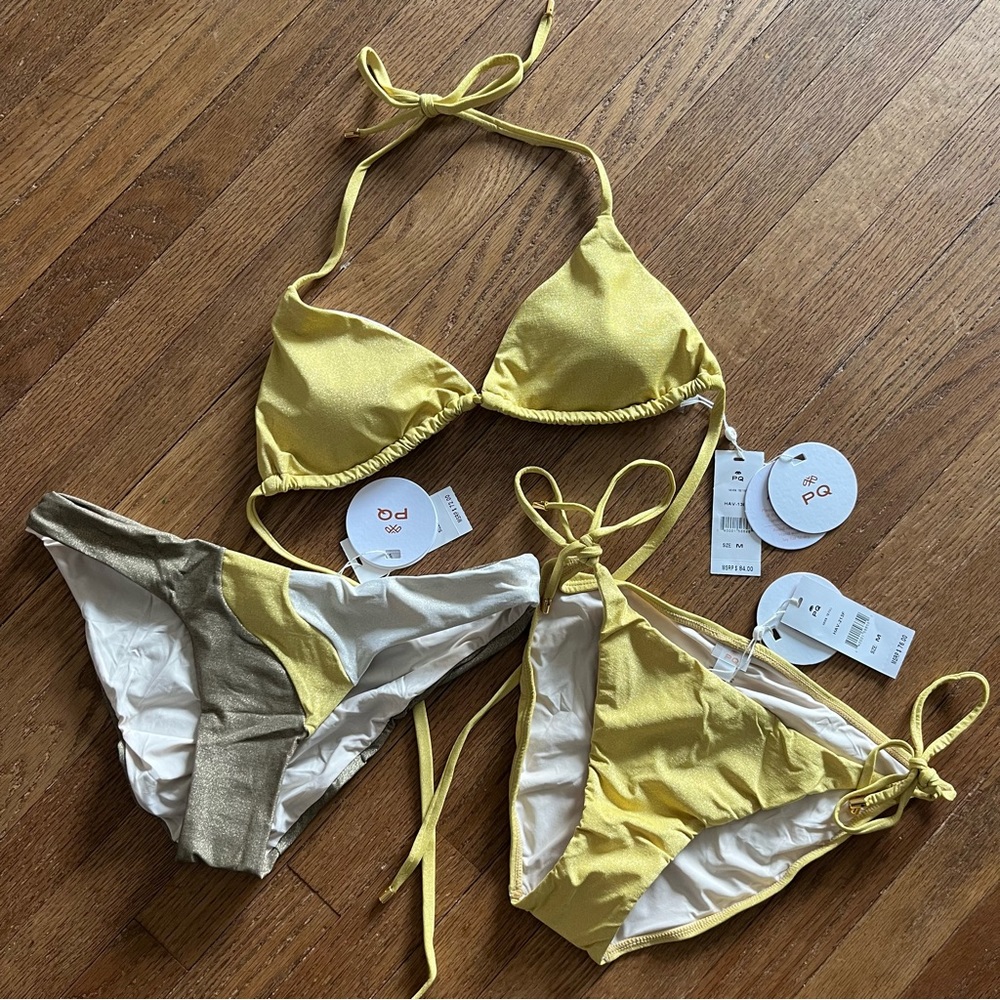 PQ Swim 3 Piece Set Bikini Haven TriTop & 2 Bottoms, Tie Full & Wave Full Medium